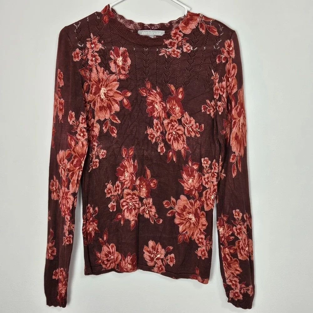 Daniel Rainn Women's Sz M Lightweight Knit Floral Sweater Long Sleeve‎ Viscose